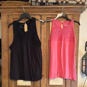 LOFT Black and Pink Tank Tops with Keyhole and Crochet Details